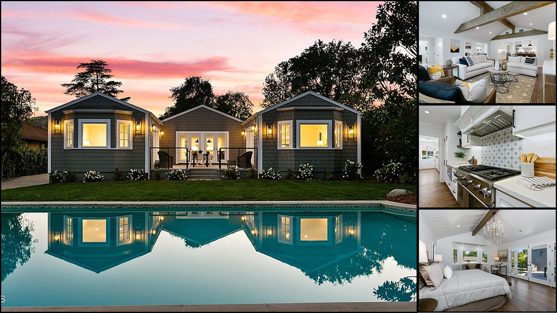 One story home with pool, sunset in background